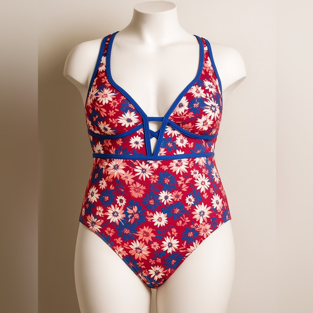 Adore Me Floral One-Piece Swimsuit Women’s 3X Pink Blue Crisscross Back - Picture 3 of 14
